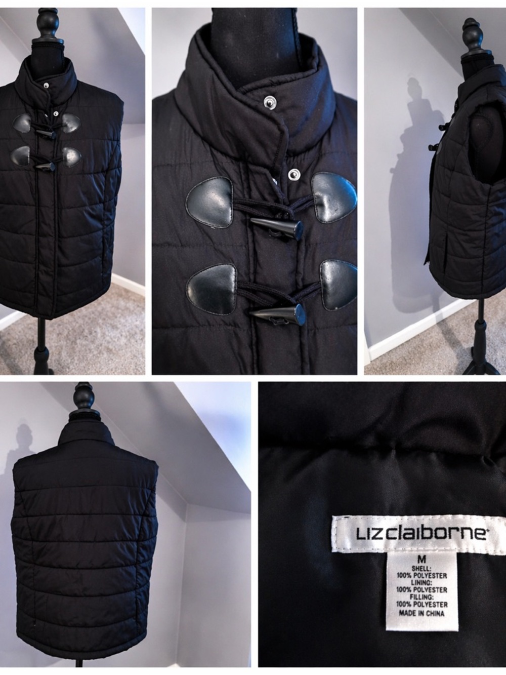 Liz Claiborne Black Quilted Puffer Vest Toggle Front Size M Womens
